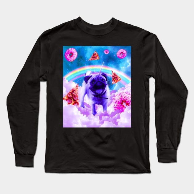 Rainbow Unicorn Pug In The Clouds In Space Long Sleeve T-Shirt by Random Galaxy